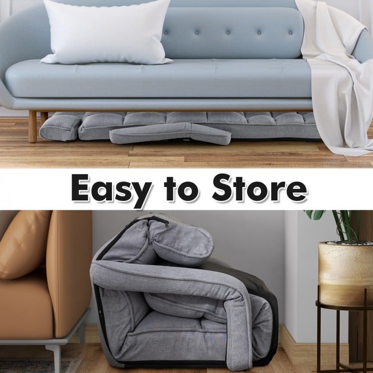 Adjustable gray floor chair with armrests and footrest, easily folds for storage, ideal for living rooms and bedrooms.