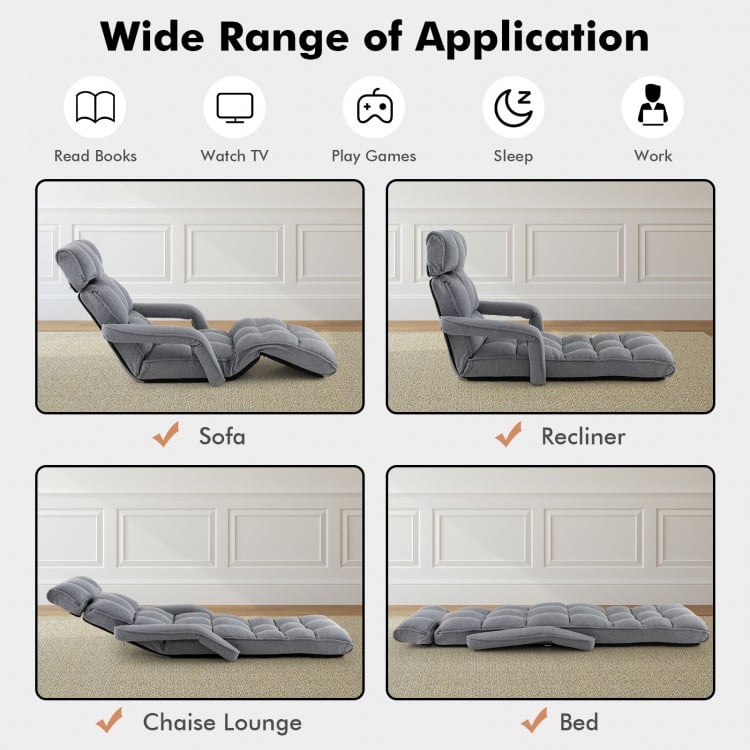 6-position adjustable floor chair in gray, featuring armrests and footrest, ideal for lounging, reading, or sleeping.