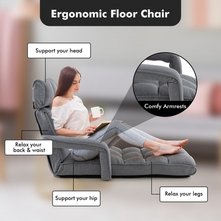 Adjustable gray floor chair with armrests, footrest, and ergonomic design for comfort in living rooms or bedrooms.