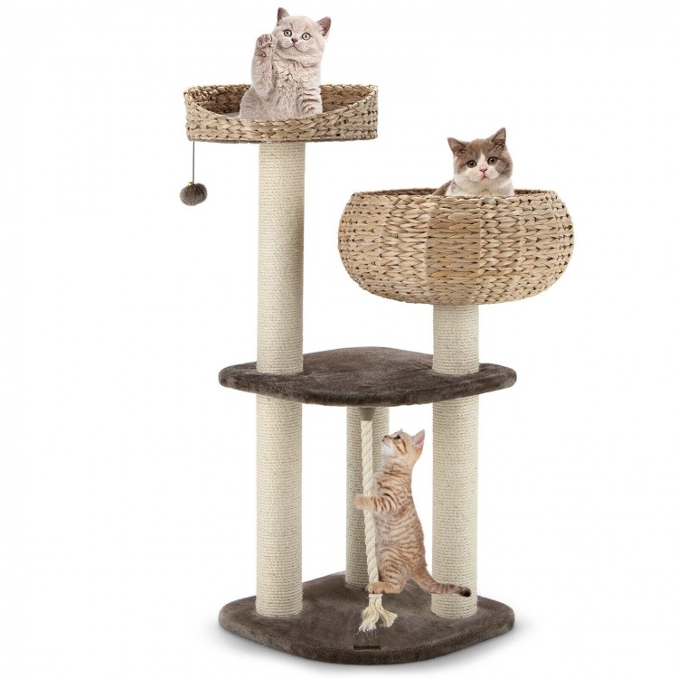 Rattan cat tree with two napping perches, sisal scratching posts, and hanging toys for playful cats in beige.
