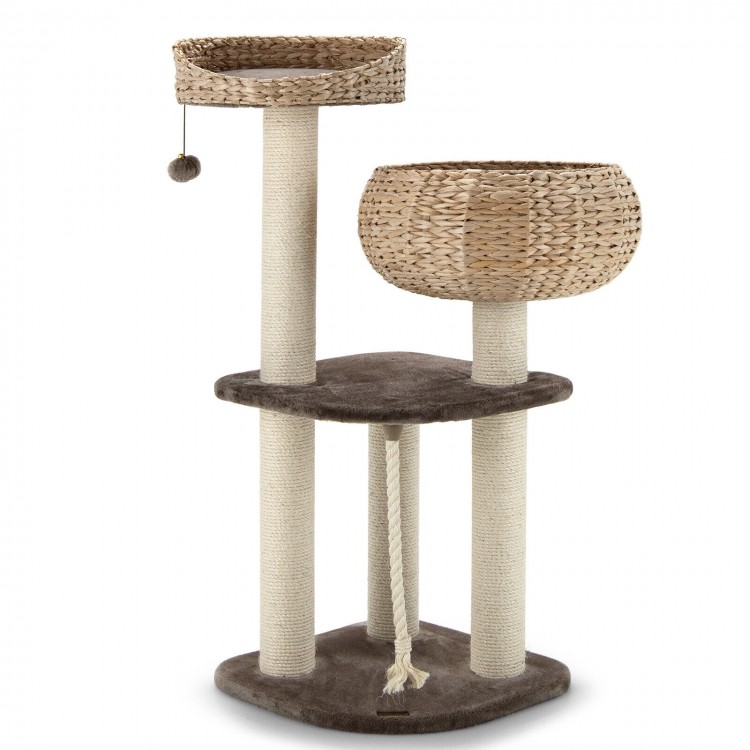 Rattan cat tree with napping perch, sisal posts, and soft cushions for comfortable play and rest in beige.