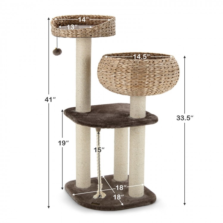 Rattan cat tree with two napping perches, sisal posts, and soft cushions for playful and comfortable cat lounging.