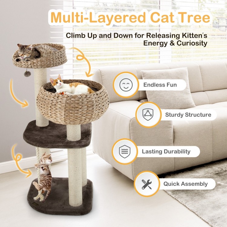 Multi-layered 41-inch rattan cat tree in beige with napping perch, sisal posts, and soft cushions for playful cats.