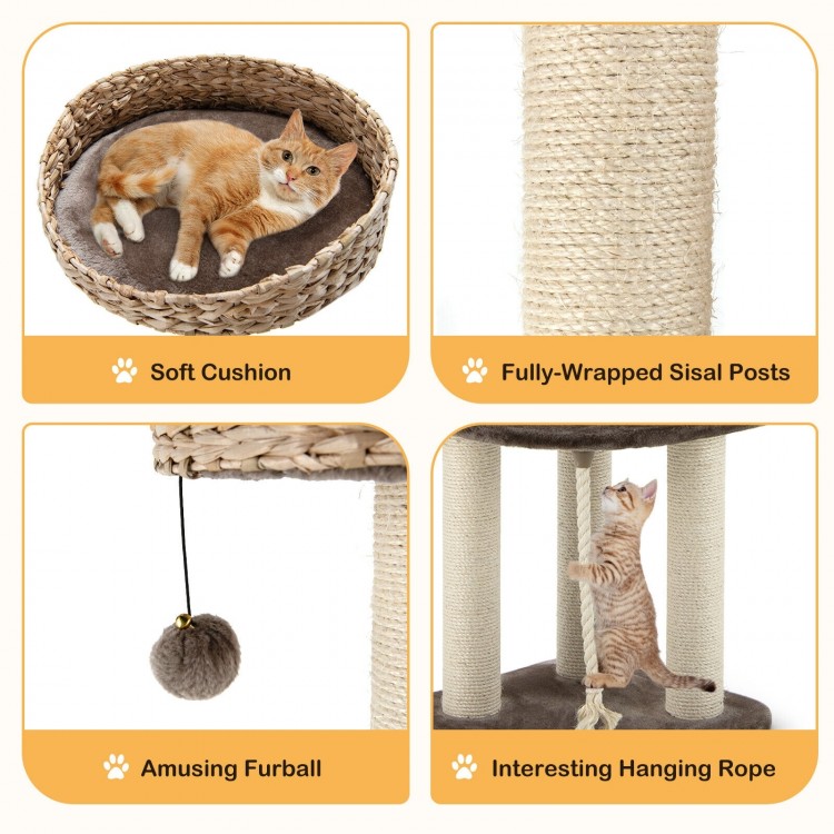 Rattan cat tree with soft cushion, sisal posts, and hanging toy, perfect for scratching and lounging in any room.