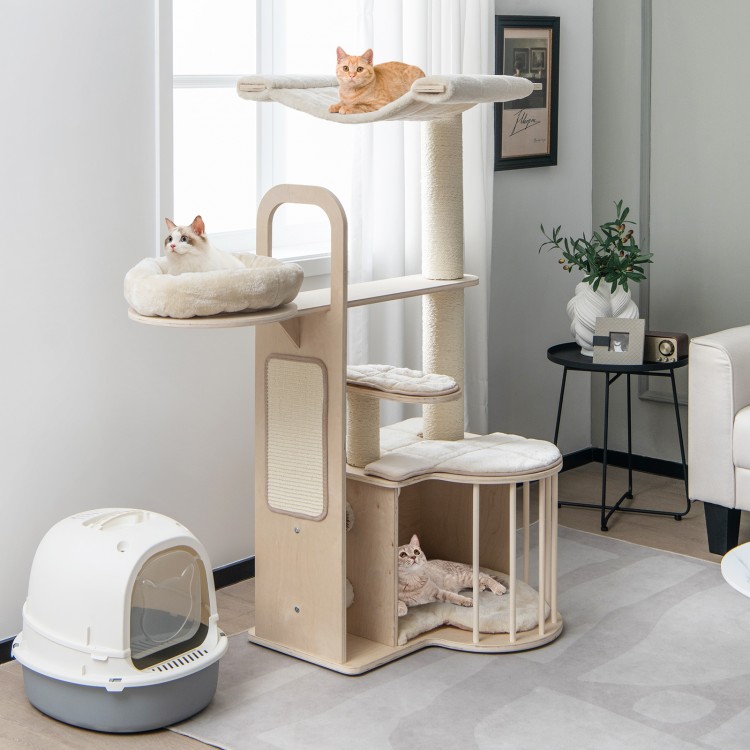 Multi-level 55-inch tall cat tree with natural wood finish, removable cushions, and scratching posts for climbing and.