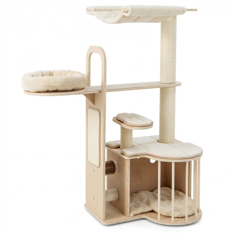 Multi-level 55-inch tall cat tree with natural wood, removable cushions, and sisal scratching posts for climbing and.