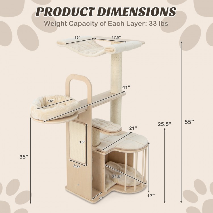 Multi-level cat tree dimensions showing a 55-inch tall design with removable cushions and stable construction for.