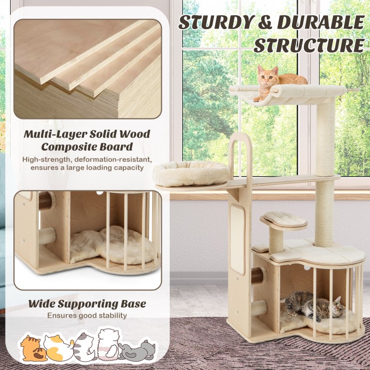 Multi-level cat tree with natural finish, featuring removable cushions, scratching posts, and wide base for stability.