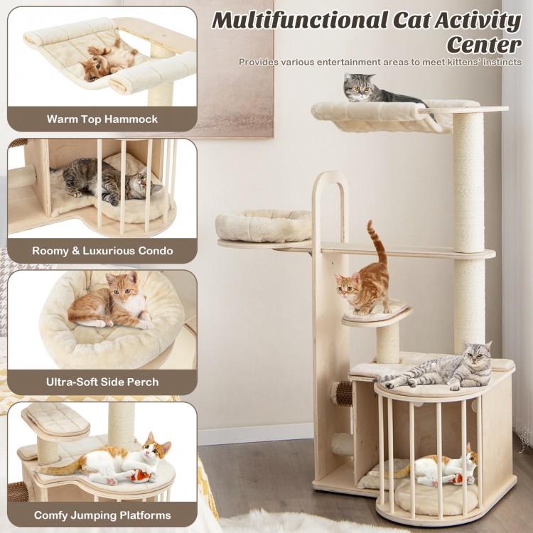 Multi-level 55-inch cat tree with top hammock, side perch, and removable cushions for comfort and play.