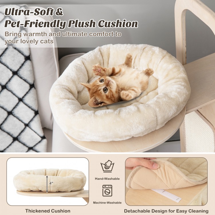 Plush cat cushion designed for comfort, featuring a removable, washable cover for easy cleaning and pet-friendly use.