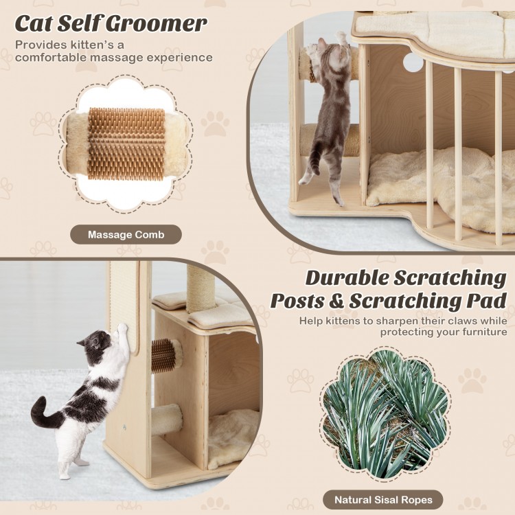 Multi-level cat tree with removable cushions, sisal scratching posts, and durable design for climbing and resting.