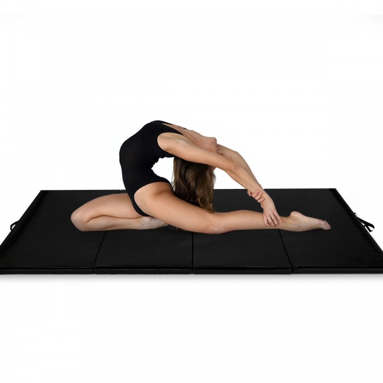 Folding 4' x 8' x 2" black gymnastics mat, ideal for yoga, dance, and exercise, featuring a hand carry belt for.