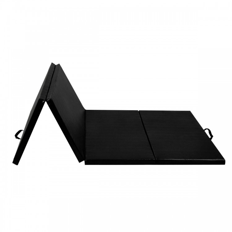Black 4' x 8' x 2" folding gymnastics mat with carry handle, ideal for yoga, dance, and general exercise activities.