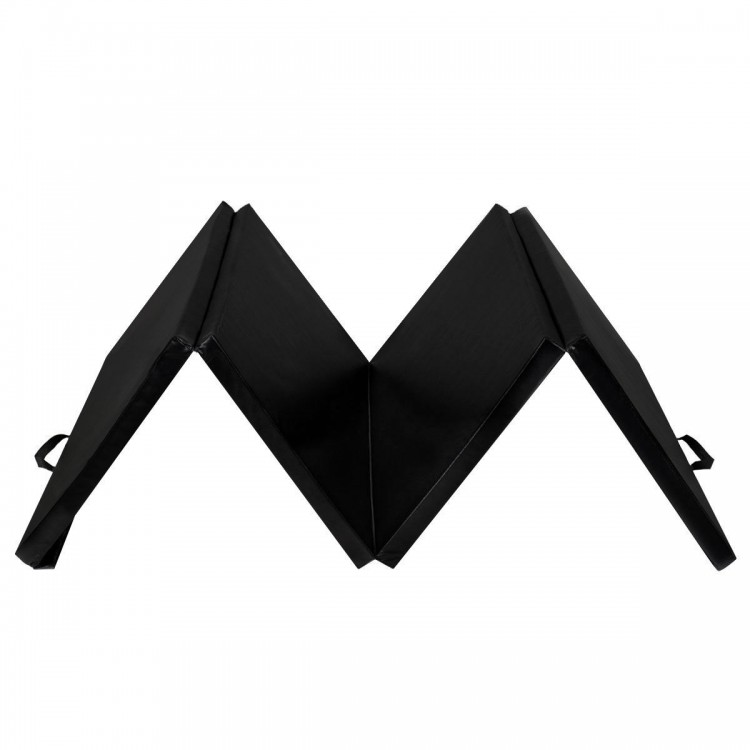 Black 4' x 8' x 2" folding panel exercise mat with carry handle, ideal for gymnastics, yoga, and general exercise.