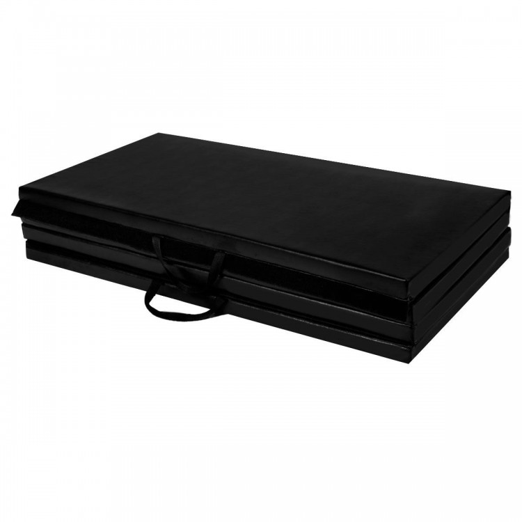 Folding 4' x 8' x 2" black gymnastic mat with carry handle, ideal for yoga, gymnastics, and general exercise.