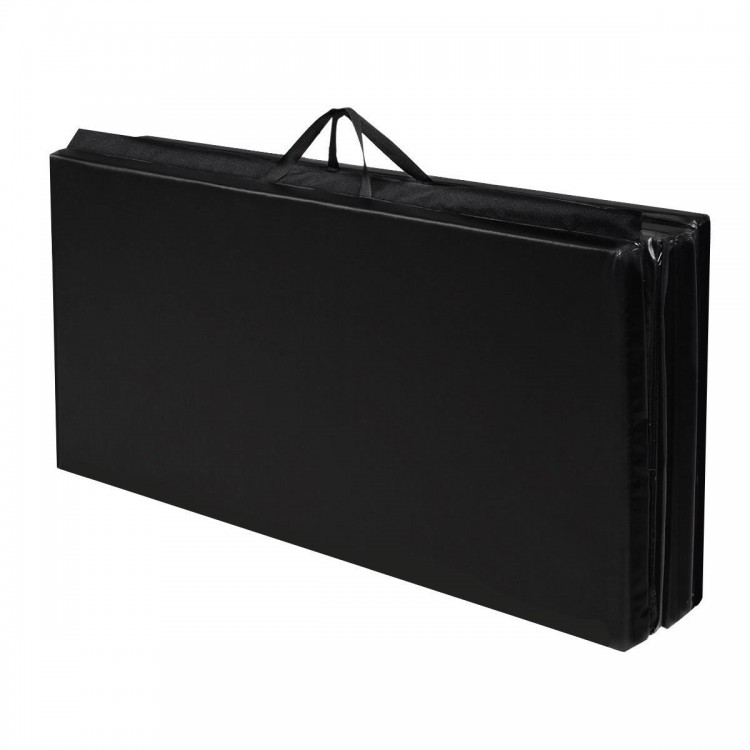 Folding 4' x 8' x 2" black gymnastic mat with carry handle, ideal for exercise, yoga, and gymnastics activities.