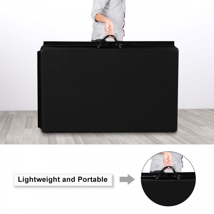 Folding black gymnastic mat with hand carry belt, 4 panels, ideal for yoga, gymnastics, and general exercise.