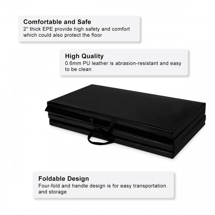 Folding 4' x 8' x 2" black gymnastic mat with zipper panels, ideal for yoga, dancing, and easy transport.
