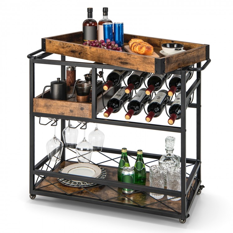 3-Tier Rolling Bar Cart with Removable Tray and Wine Rack - Gallery View 1 of 10