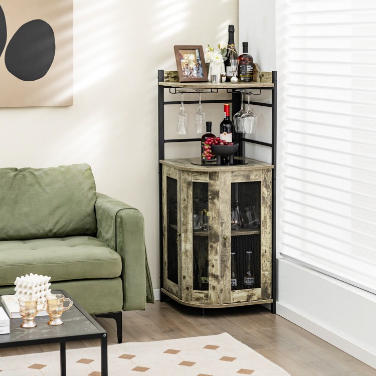 Triangular taupe corner bar cabinet featuring adjustable shelves, glass holders, and a vintage industrial design for.