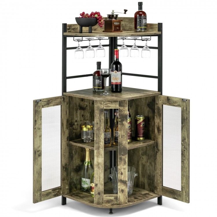 Triangular industrial corner bar cabinet in taupe showcasing spacious storage with see-through doors and wine glass.