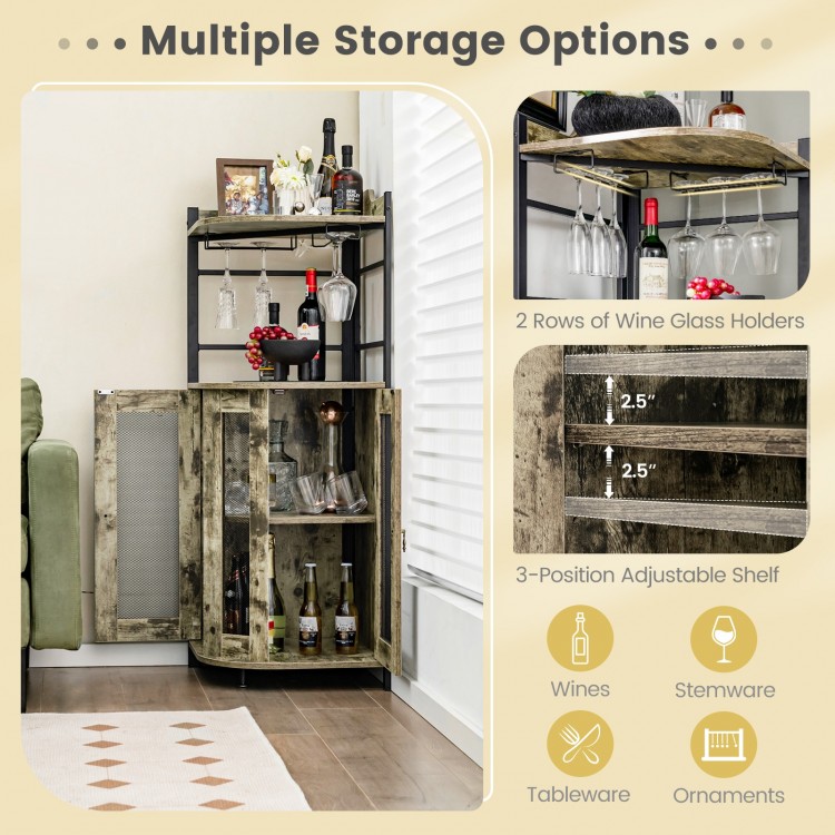 Industrial corner bar cabinet in taupe with glass holders, adjustable shelf, and metal mesh doors for stylish storage.