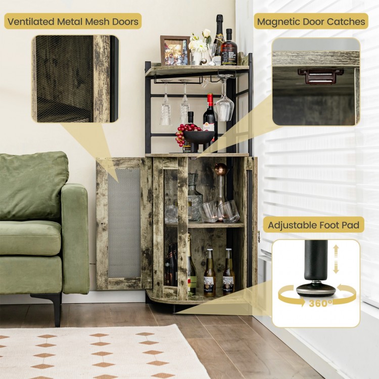 Industrial corner bar cabinet in taupe with metal mesh doors, adjustable shelf, and wine glass holders for stylish.