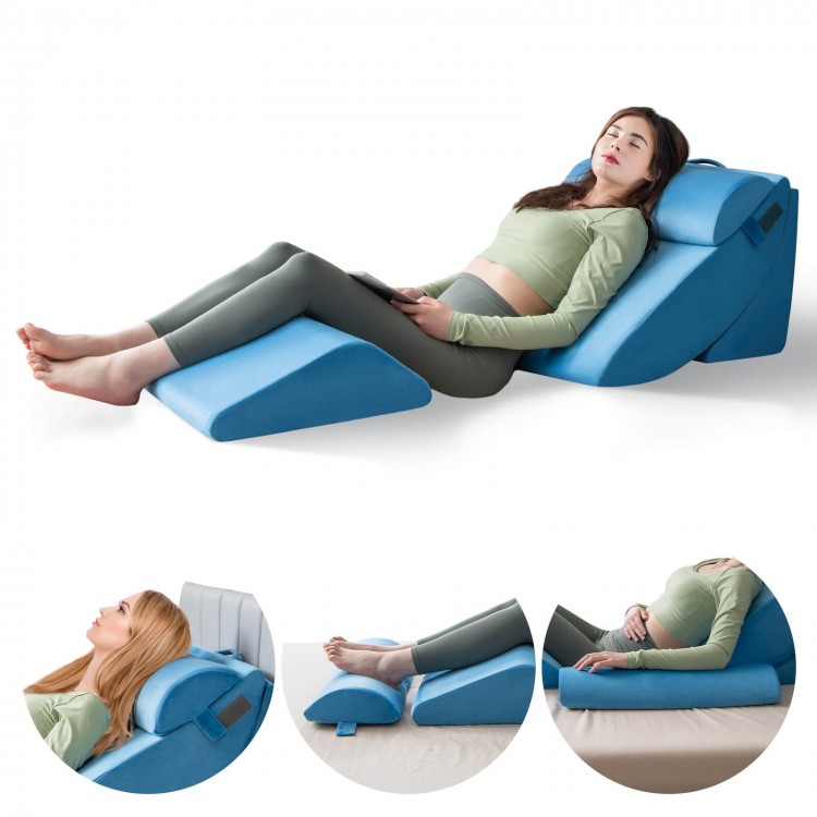 Orthopedic wedge pillow set in blue, featuring high-density foam for pain relief and support in various positions.