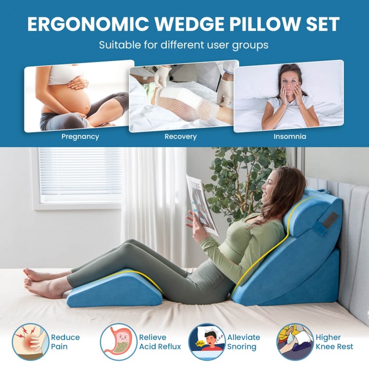 Ergonomic blue wedge pillow set for pain relief, suitable for recovery, pregnancy, and insomnia with detachable cover.