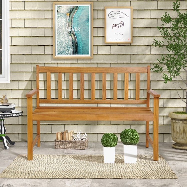 Acacia wood bench for two with backrest, featuring ergonomic armrests, suitable for outdoor patio or garden use.
