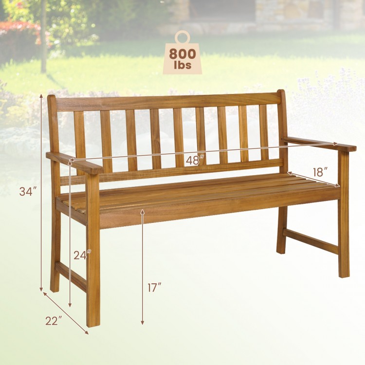 Acacia wood 2-person outdoor bench with backrest, 800 lbs capacity, ergonomic armrests, ideal for patio or garden use.