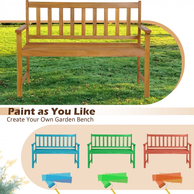 2-person outdoor acacia wood bench with backrest, featuring a smooth surface and ergonomic armrests for patio or garden.