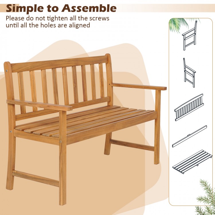 2-person outdoor acacia wood bench with backrest, featuring a slatted design and ergonomic armrests for patio comfort.