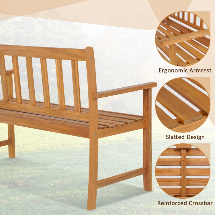 Acacia wood bench with ergonomic armrests, slatted design, and reinforced crossbar, perfect for outdoor seating.