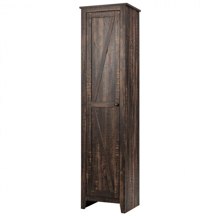 Tall slim linen tower bathroom storage cabinet in walnut finish with four shelves, ideal for organizing various spaces.