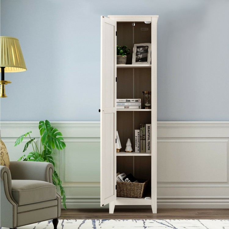 Tall slim linen tower bathroom storage cabinet in walnut with four shelves, perfect for organizing any room.