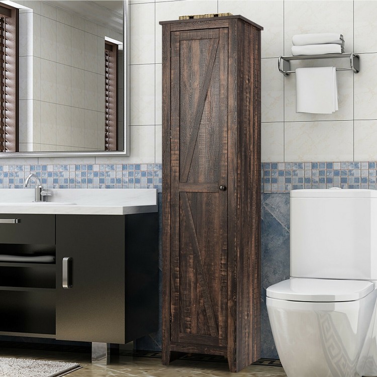 Tall walnut linen tower bathroom storage cabinet with four shelves, ideal for organizing and enhancing home decor.