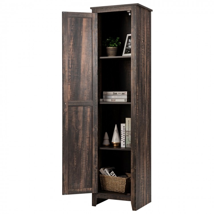 Tall walnut linen tower bathroom storage cabinet with four shelves, raised feet, and a modern design for versatile use.