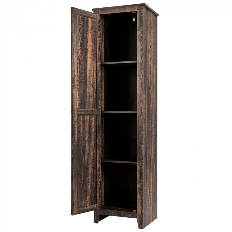 Tall slim linen tower bathroom storage cabinet in walnut finish with four shelves for versatile organization.