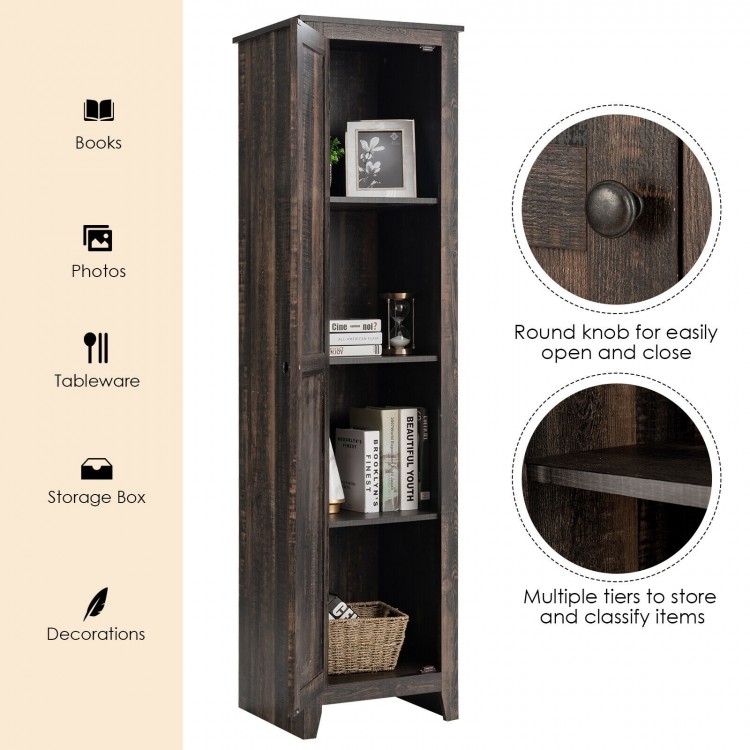 Tall walnut linen tower storage cabinet with four shelves and round knob, perfect for bathroom or living room.