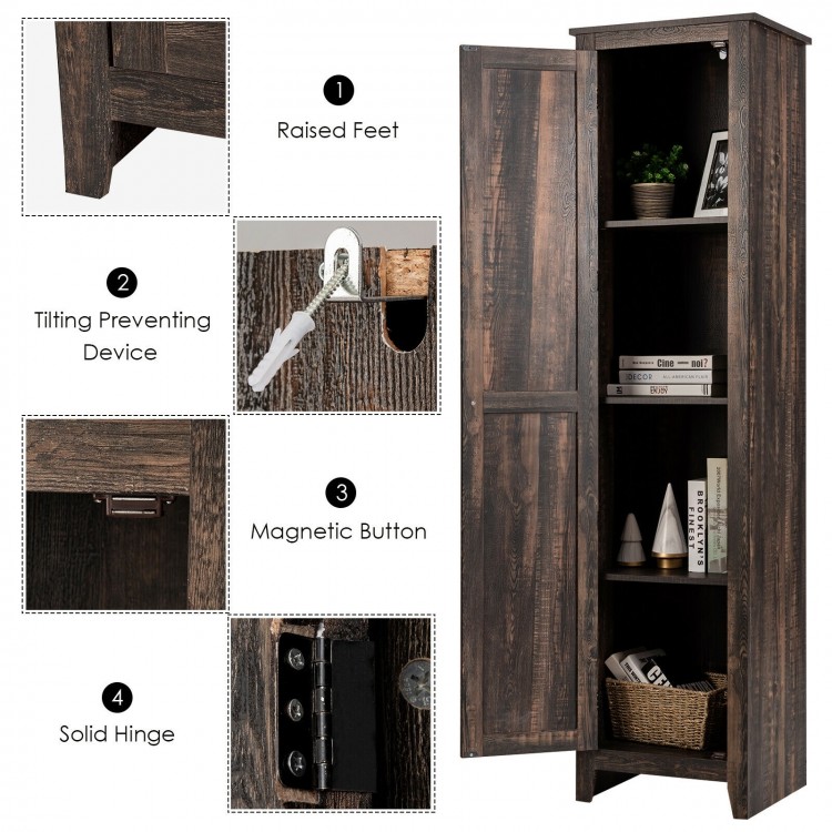 Linen tower bathroom storage cabinet in walnut with raised feet, 4 shelves, and magnetic button for stability and style.