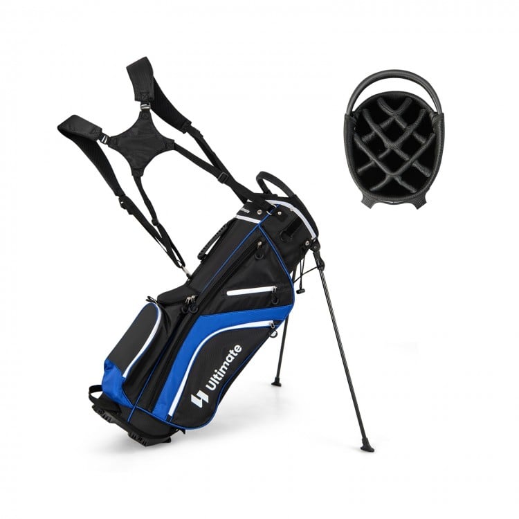 Lightweight golf stand bag in blue with 14 way top dividers, 6 pockets, and adjustable shoulder strap for easy carrying.