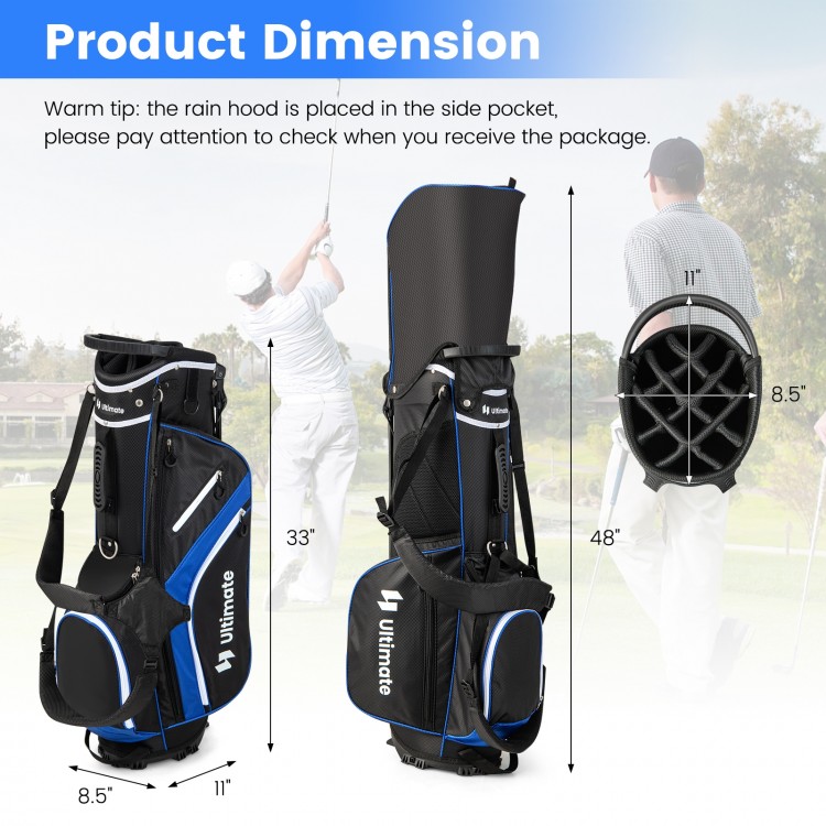 Lightweight blue golf stand bag with 14 way top dividers, 6 pockets, and adjustable shoulder strap for easy carrying.