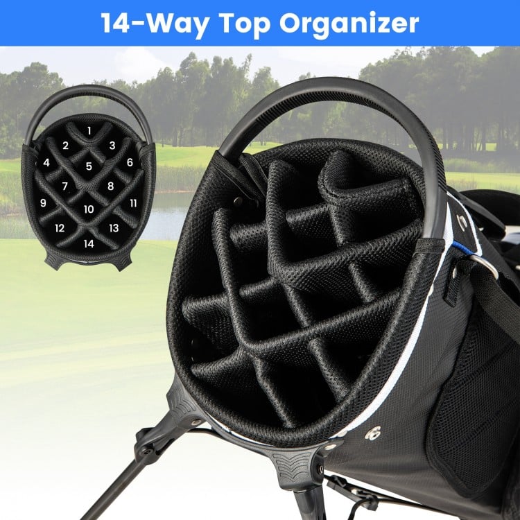 Lightweight golf stand bag with 14-way top organizer, blue color, featuring multiple pockets and adjustable shoulder.