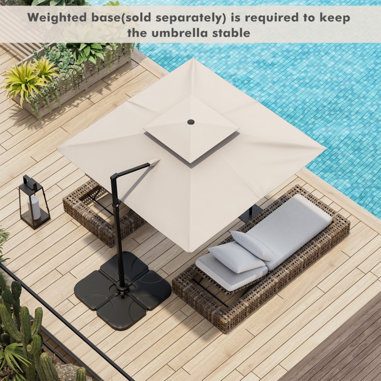 9.5 feet cantilever patio umbrella in beige with 360° rotation, featuring a sturdy aluminum pole and vented top for.
