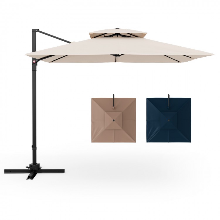 Beige 9.5 feet cantilever patio umbrella showcasing the foot pedal mechanism for 360° rotation and easy opening steps.
