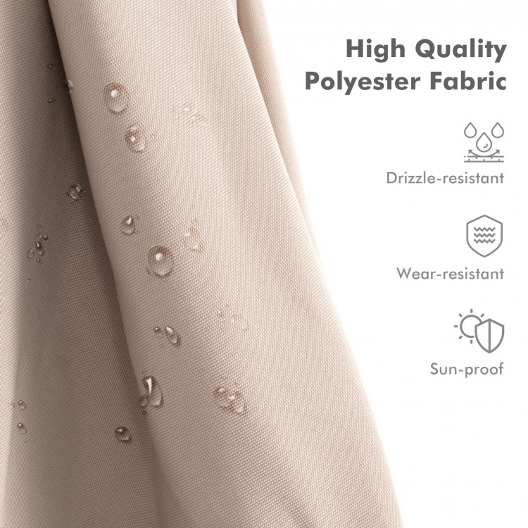 Close-up of high-quality beige polyester fabric with water droplets, showcasing drizzle-resistant and sun-proof.