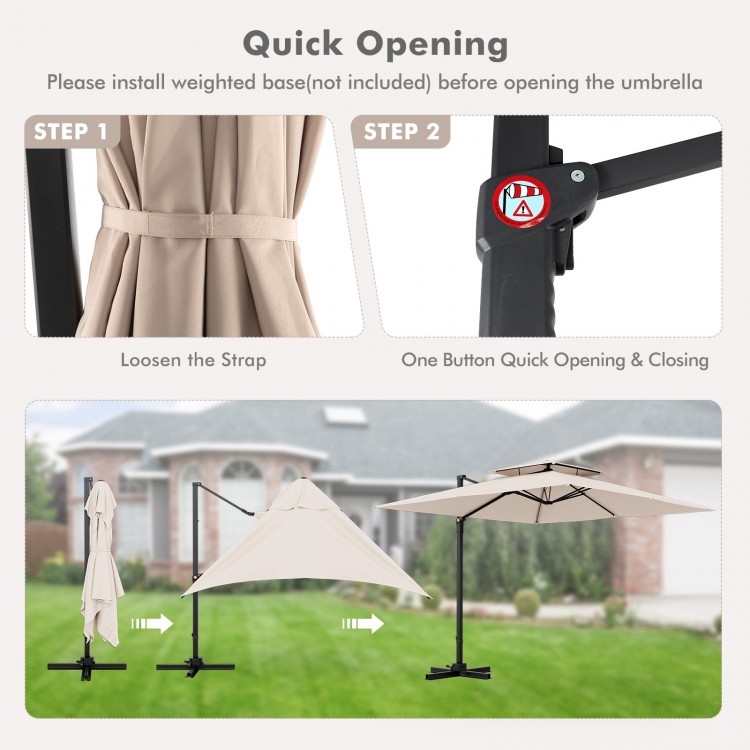 9.5 feet cantilever patio umbrella in beige demonstrating quick opening steps with 360° rotation for optimal shade.