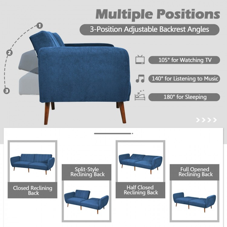 Convertible futon sofa bed in navy with adjustable backrest, suitable for lounging, reading, or sleeping.