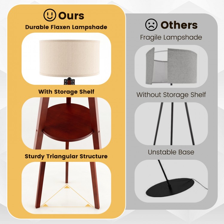 Brown tripod floor lamp with flaxen lampshade, sturdy triangular structure, and storage shelf for modern home decor.